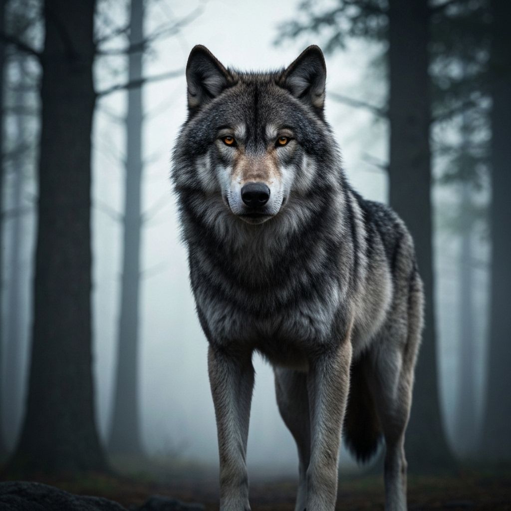 Lobo de madera mirando al frente